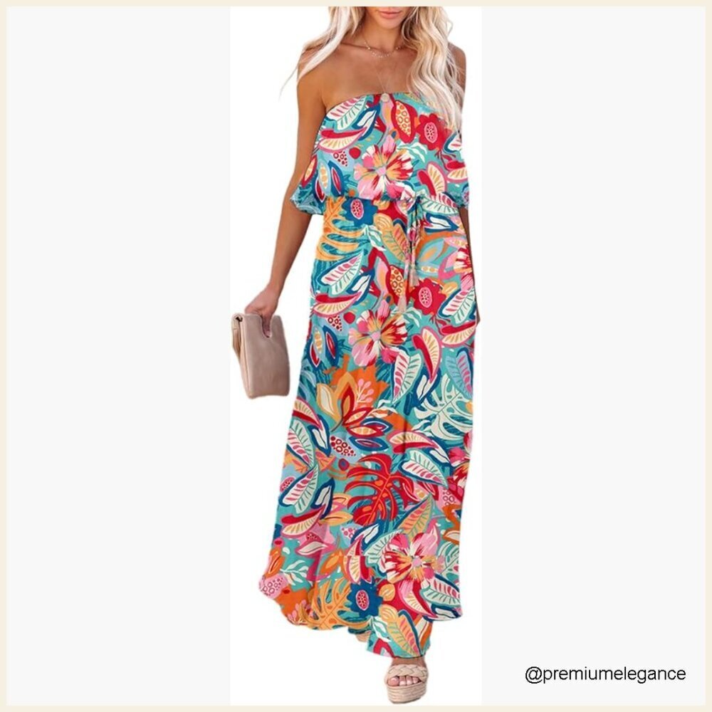 Strapless Maxi Dress High Waist Side Split Flowy Boho Summer Formal